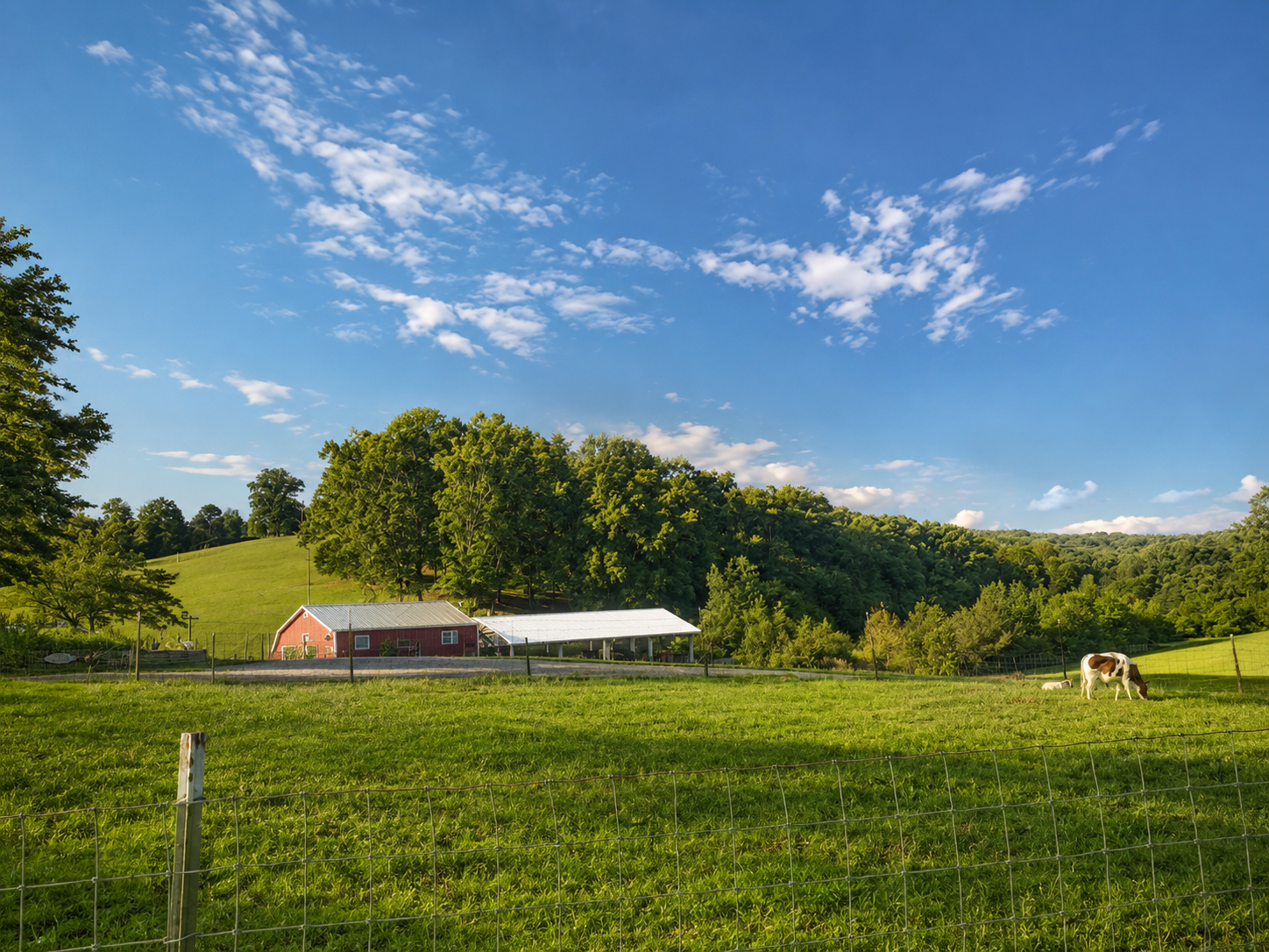 Wide pasture with the red barn and open field